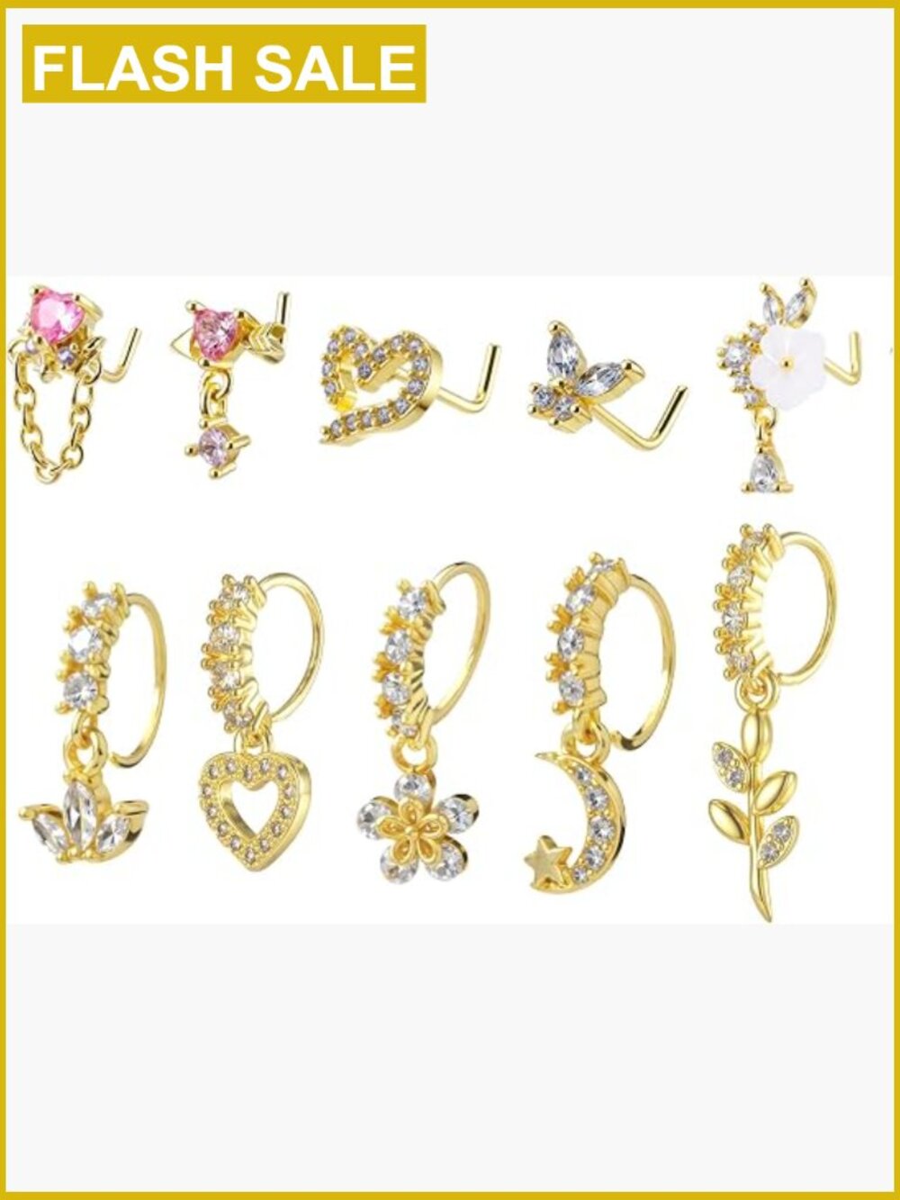 10Pcs Dangle Nose Rings Hoop Set 20g L Shaped Nose Stud Piercing Jewelry